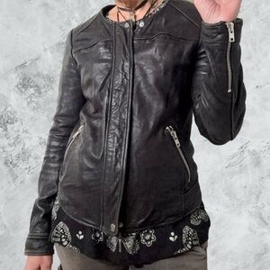 Lucky Brand Black Collarless Moto Leather Jacket